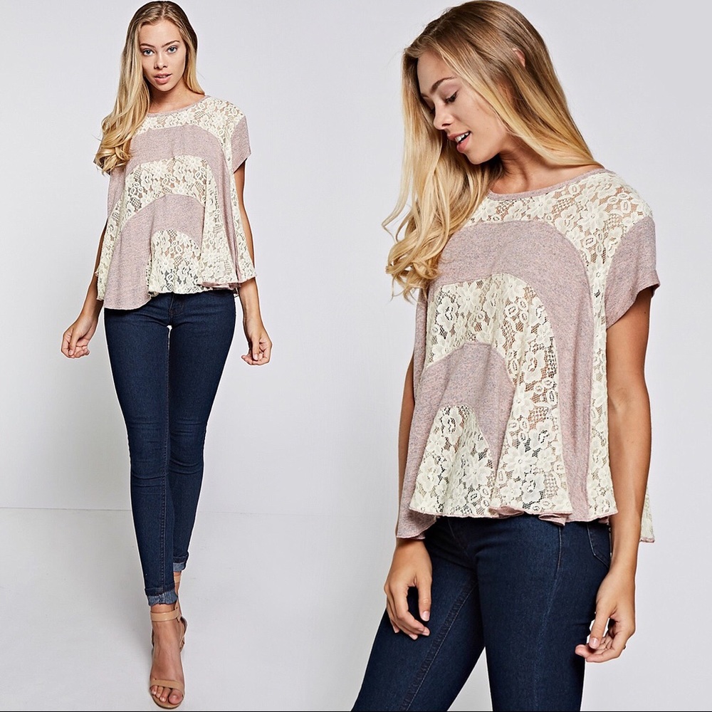 Loose Knit Top Ruffle Flowy Loose Lace Top, Blush - Picture 4 of 4
